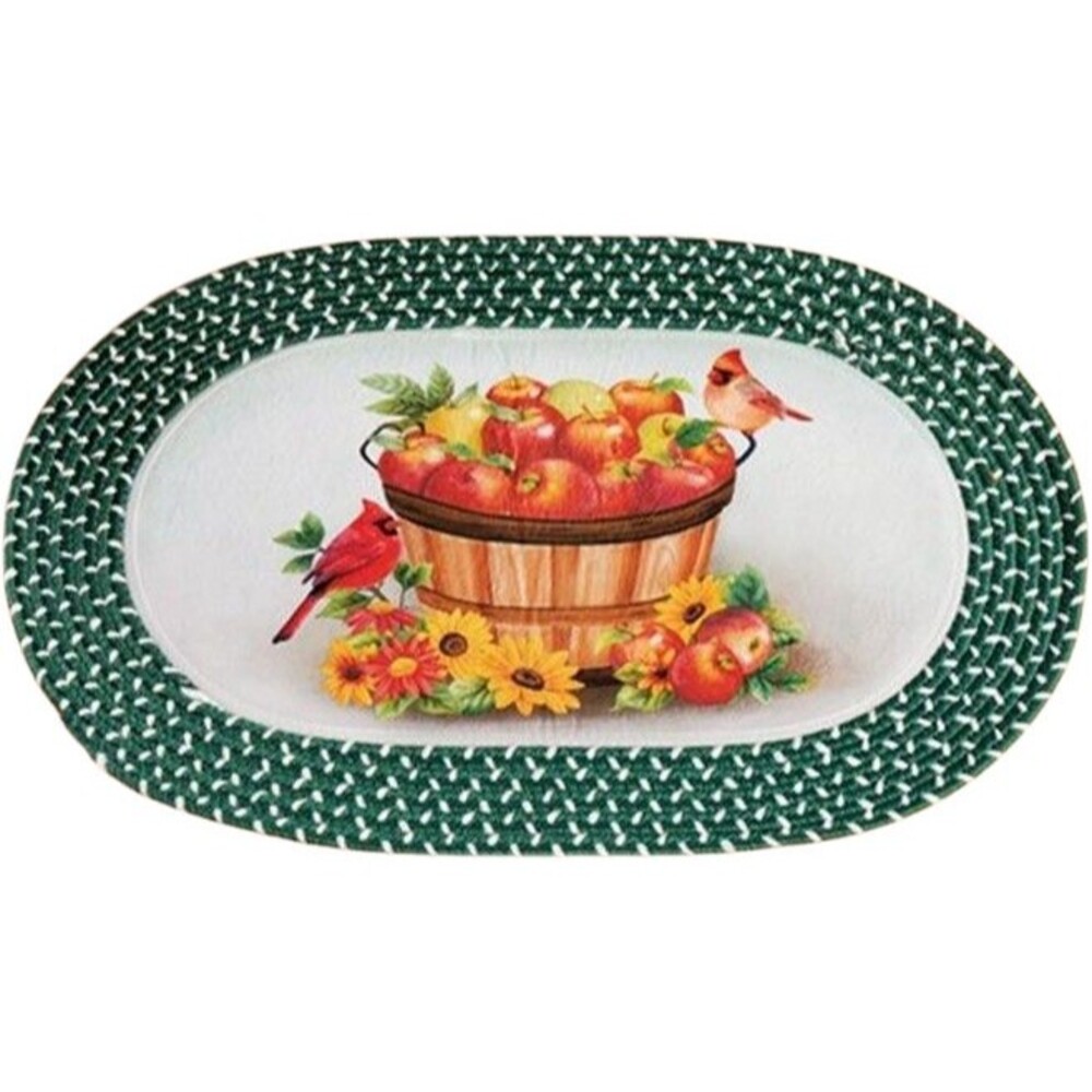 Oval Braided Kitchen Rug(20"x30")CARDINAL BIRDS,SUNFLOWERS & BASKET OF APPLES,CE